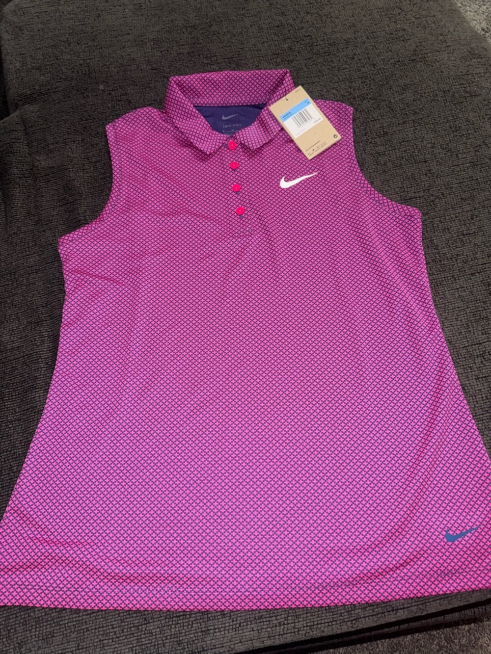 Nike Women's Magenta Patterned Sleeveless Polo Top with White Swoosh
